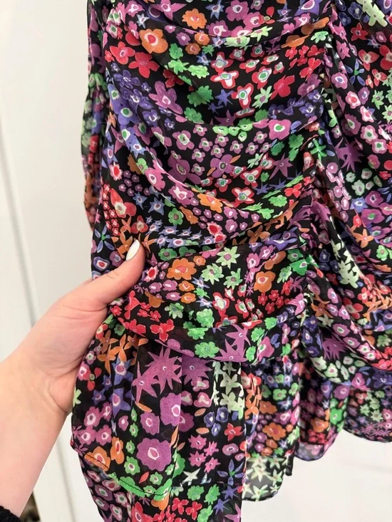 Zara Multicolor Floral Long Sleeve Ruched Dress - Picture 4 of 7